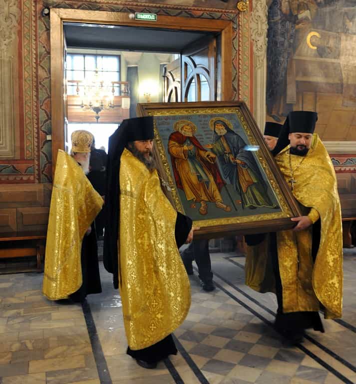 Икона преподобных Серафима Саровского и Гавриила Самтаврийского (Ургебадзе) с частицами их святых мощей прибыла в Трифонов монастырь